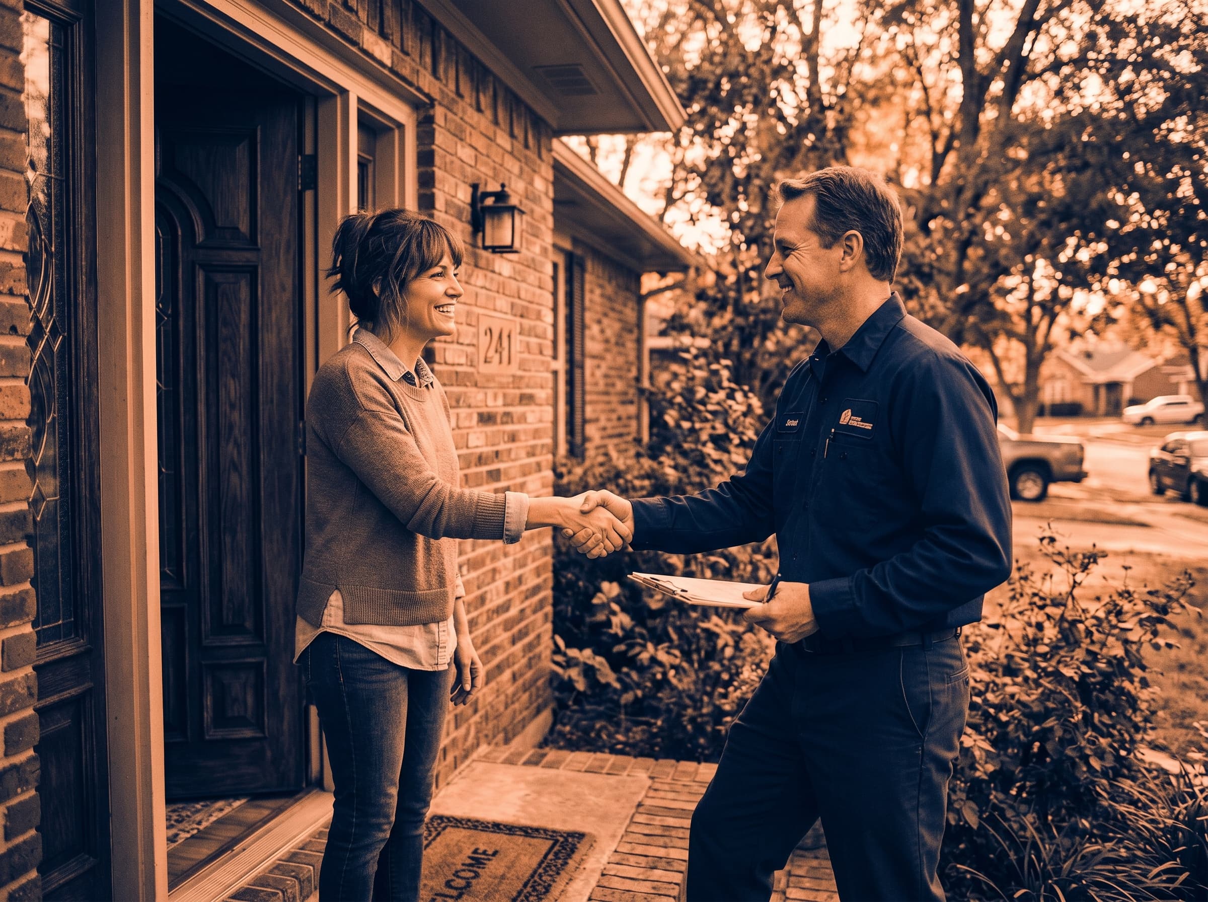 Double Le HVAC technician shaking hands with a homeowner