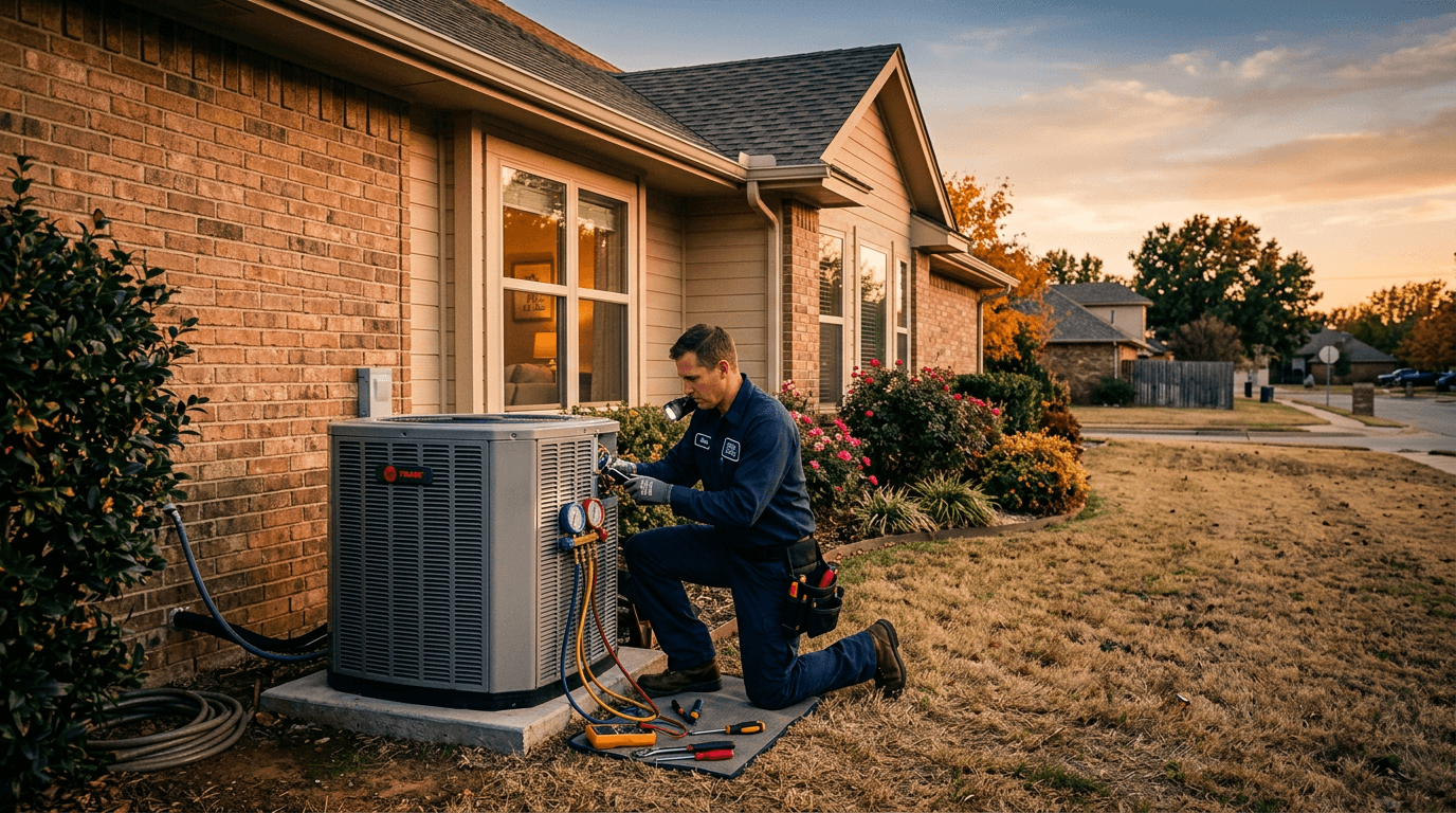 Double Le HVAC technician servicing an outdoor AC unit at an Oklahoma home