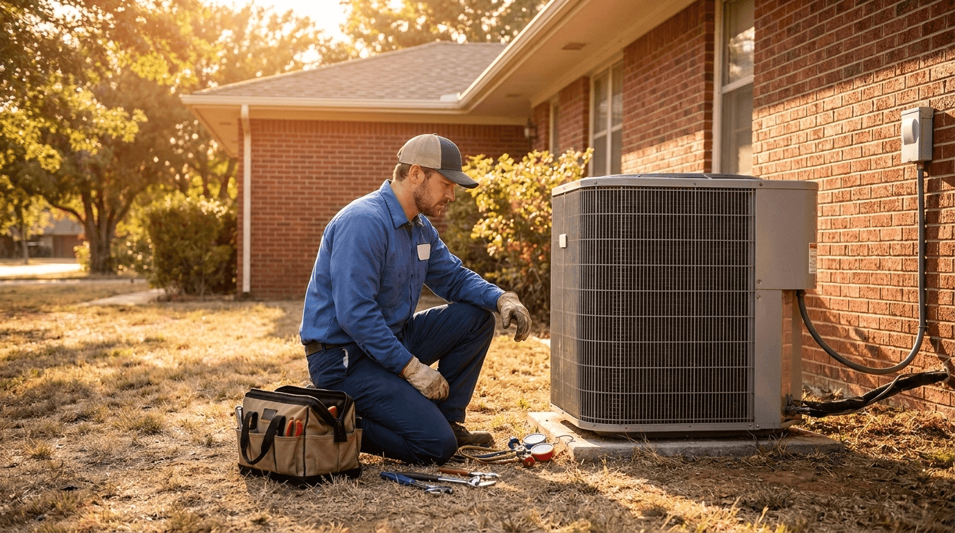 HVAC technician servicing AC condenser at Oklahoma home