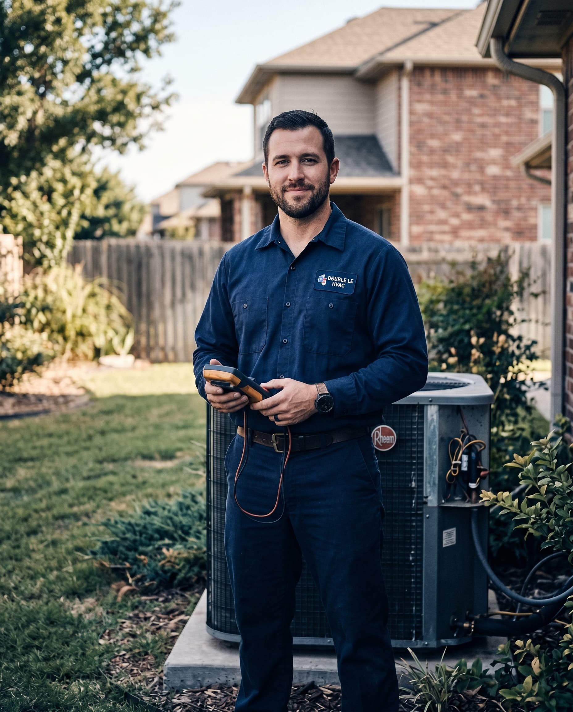 Double Le HVAC technician with multimeter beside an outdoor AC unit